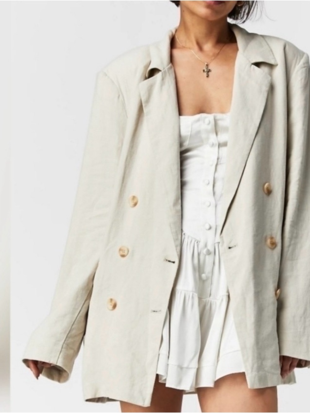 Free People Cream Double-Breasted Linen-Blend Blazer